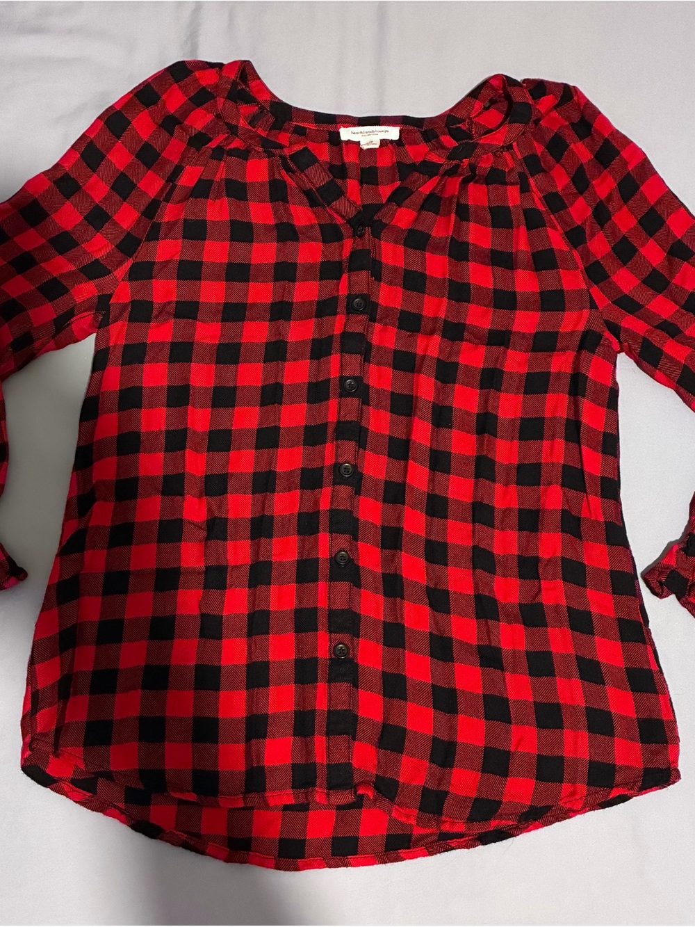 Beach Lunch Lounge Red and Black Buffalo Plaid Ruffle Cuff Blouse Women’s size S